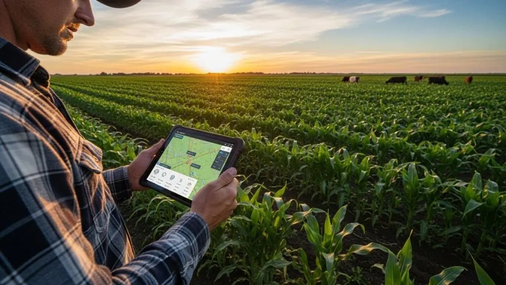 Profissional do agronegócio usando software de automação no celular, no campo