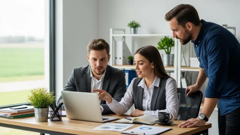 Equipe do agronegócio analisando relatórios gerados por software de automação