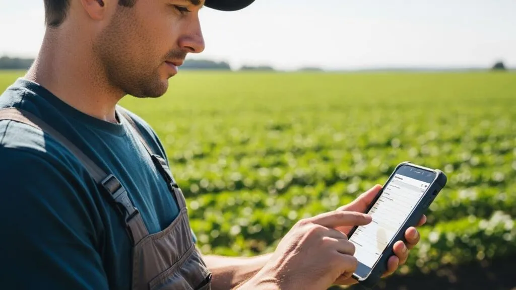 Trabalhador de campo usando um software de automação de processos no agro no celular para registrar atividades de campo e atualizações de estoque