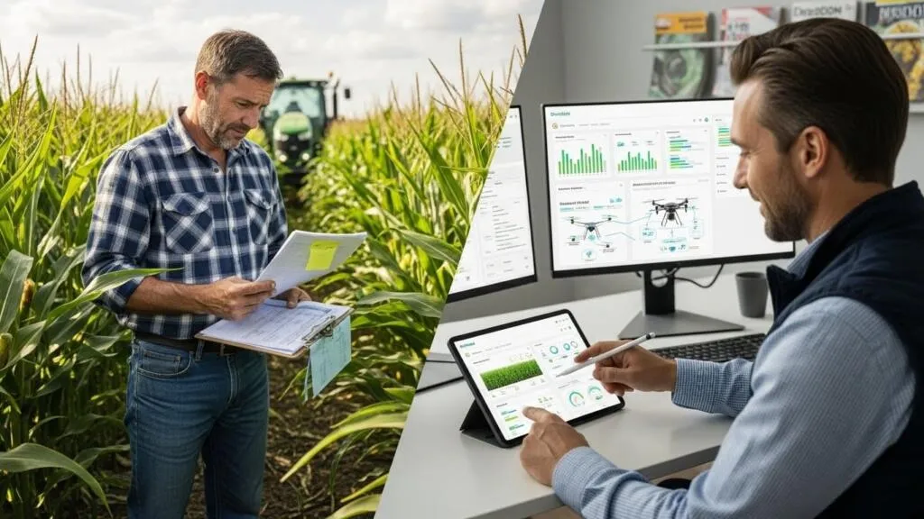Gestor do agronegócio comparando registros manuais de pedidos com uma tela de aprovação automatizada
