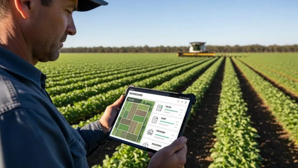 Painel de um software de gestão agrícola automatizada usado para planejar e acompanhar a operação diária da fazenda