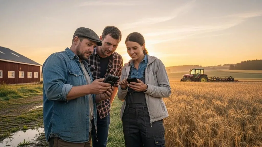 Trabalhadores rurais usando um software de gestão agrícola automatizada no celular para receber tarefas e registrar o trabalho