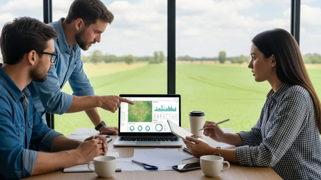 Equipe de um agronegócio analisando dados de ferramentas de automação para gestão de safra