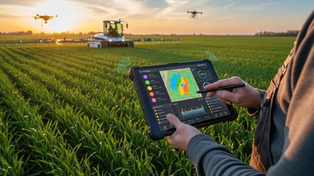 Produtor usando ferramentas de automação para gestão de safra num dispositivo móvel no campo