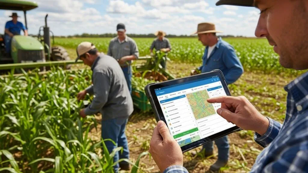 Trabalhadores de campo registrando atividades num software de automação da operação rural