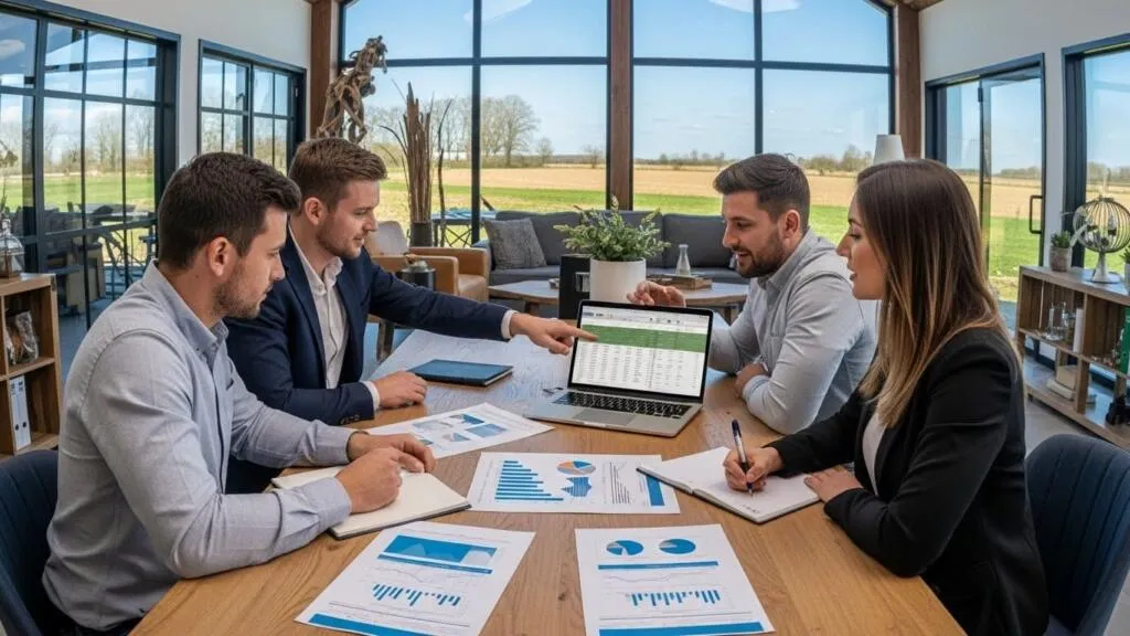 Equipe do agronegócio analisando relatórios de fluxos automatizados da propriedade