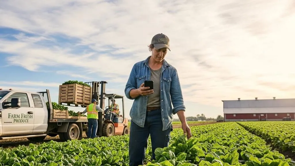 Trabalhador de campo usando software no celular como parte da automação de fluxos de um pequeno agronegócio para acompanhar estoque e produção