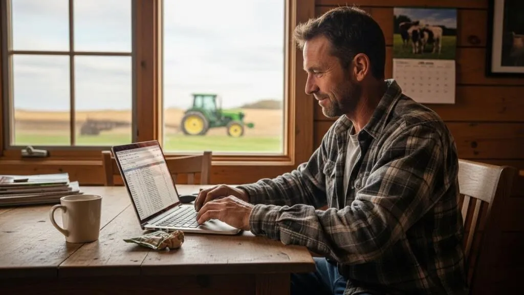 Produtor de uma pequena propriedade usando software de automação para gerenciar as tarefas do dia