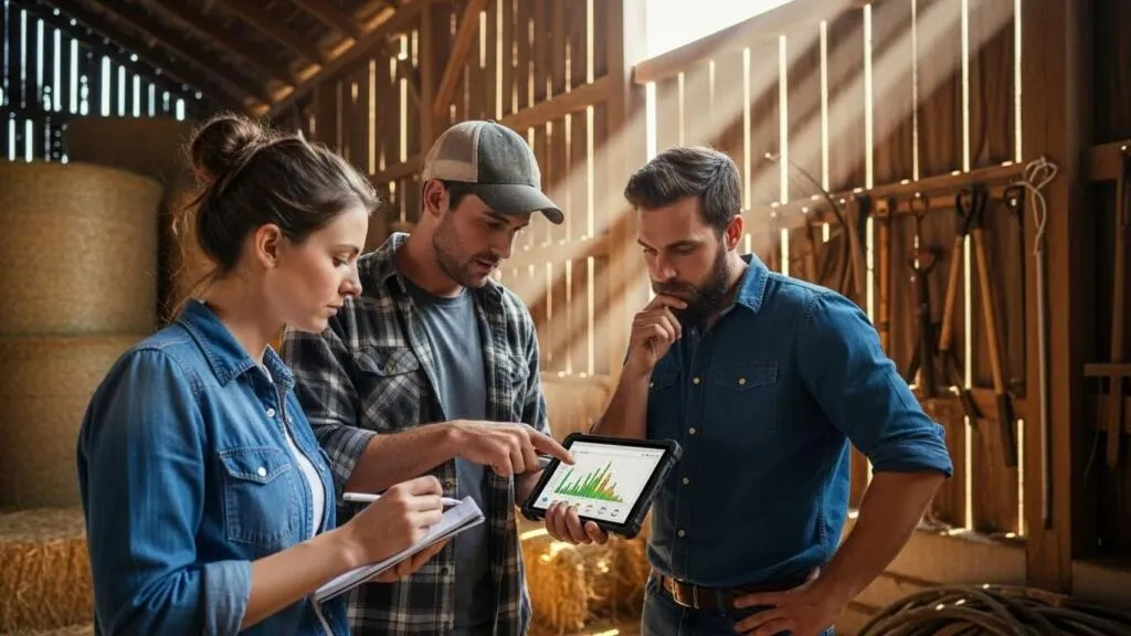 Equipe de uma pequena propriedade analisando dados de um software de gestão agrícola automatizada